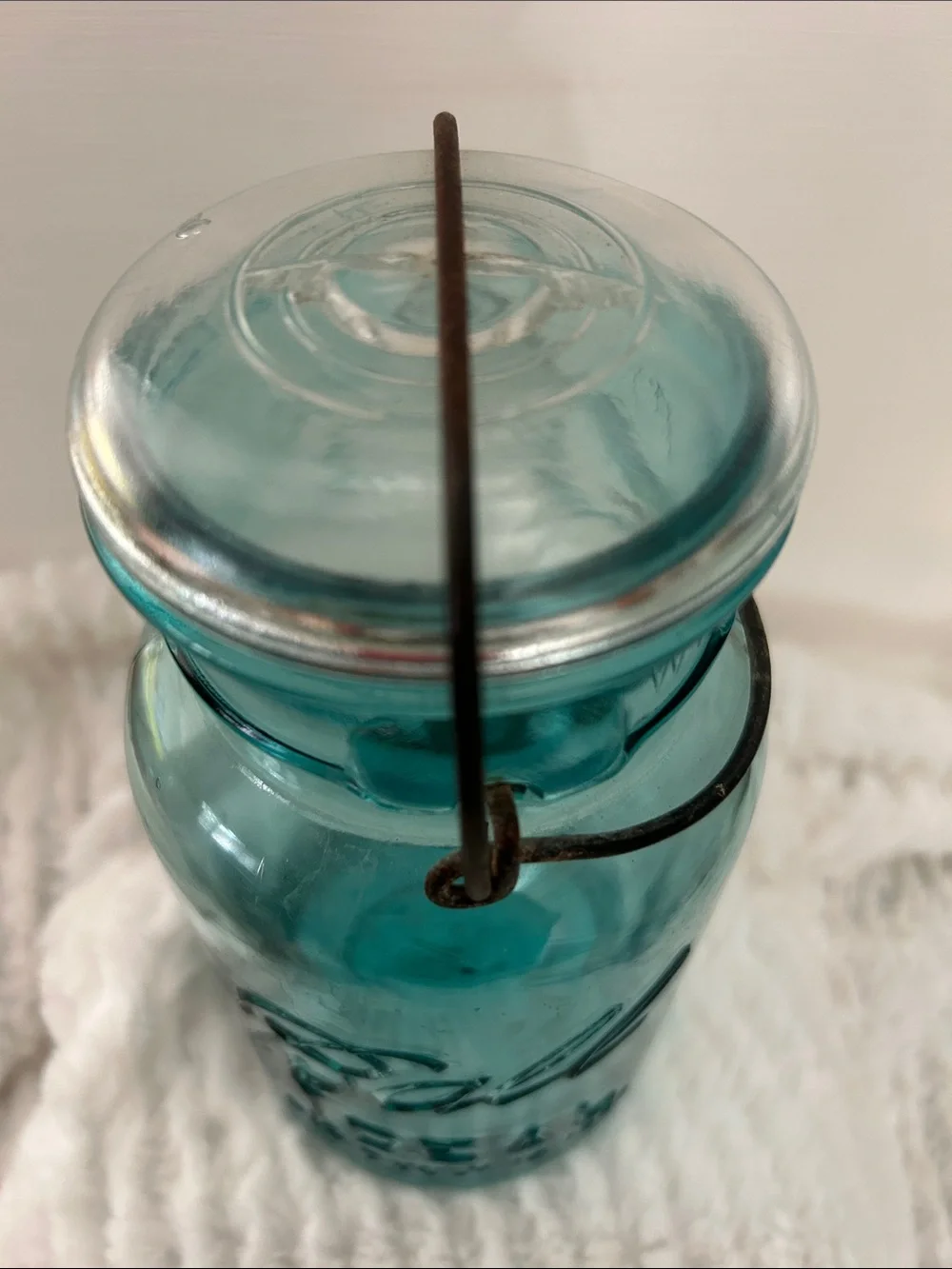 Ball Ideal Blue Glass with Wire Bail Pat July 1908 Quart